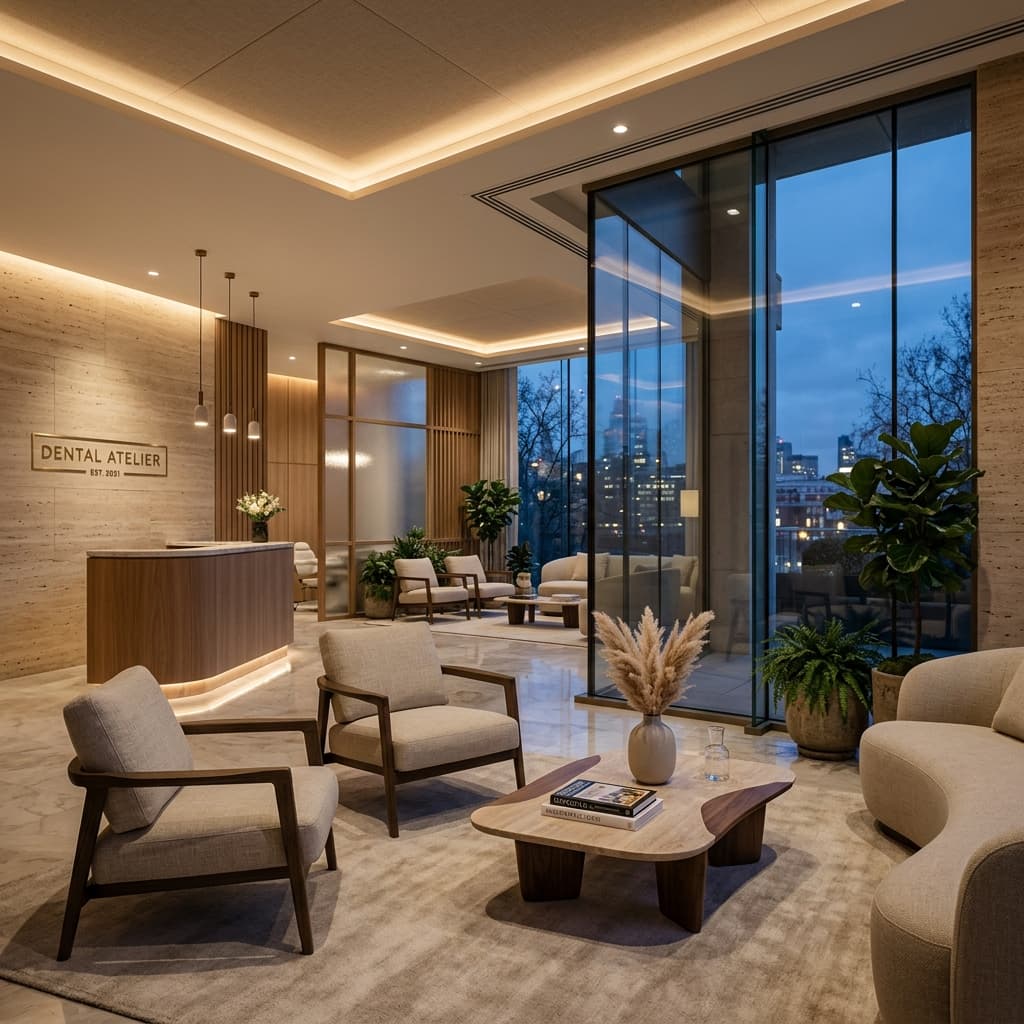Warm, serene luxury dental waiting room showcasing the Waiting Room Arcade platform