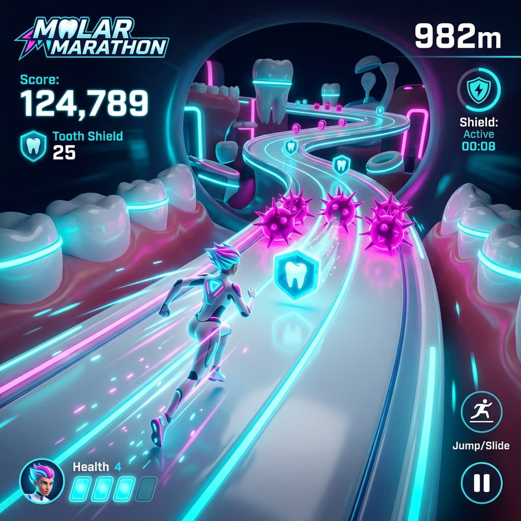 Molar Marathon dental brushing adventure game interface