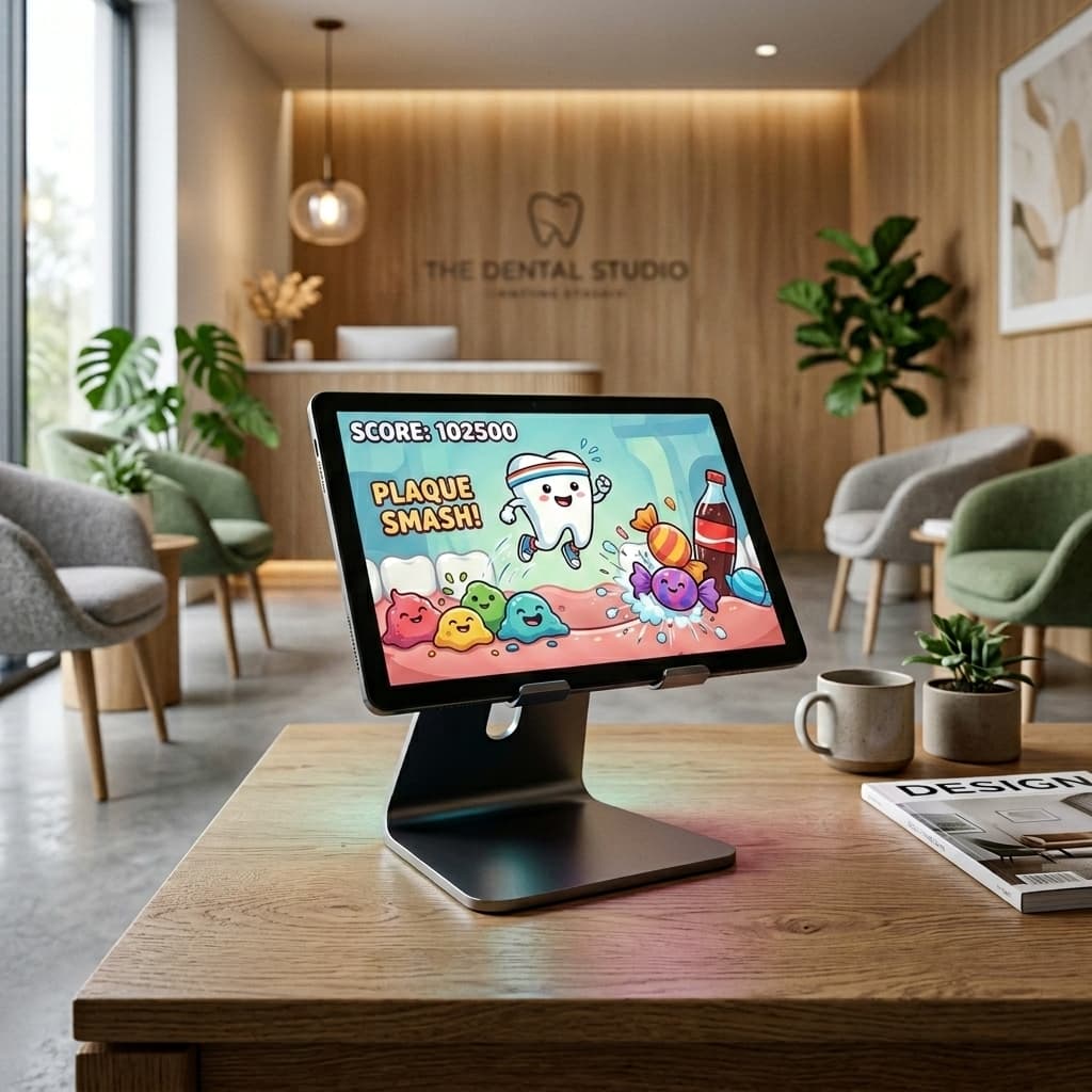 Waiting Room Arcade tablet mounted on a modern Scandinavian wood desk stand